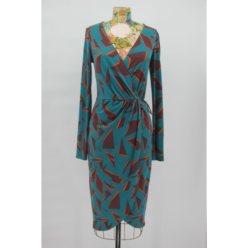 Moda International Long Sleeve Geometric Print Green Orange Wrap Dress Sz XS 172